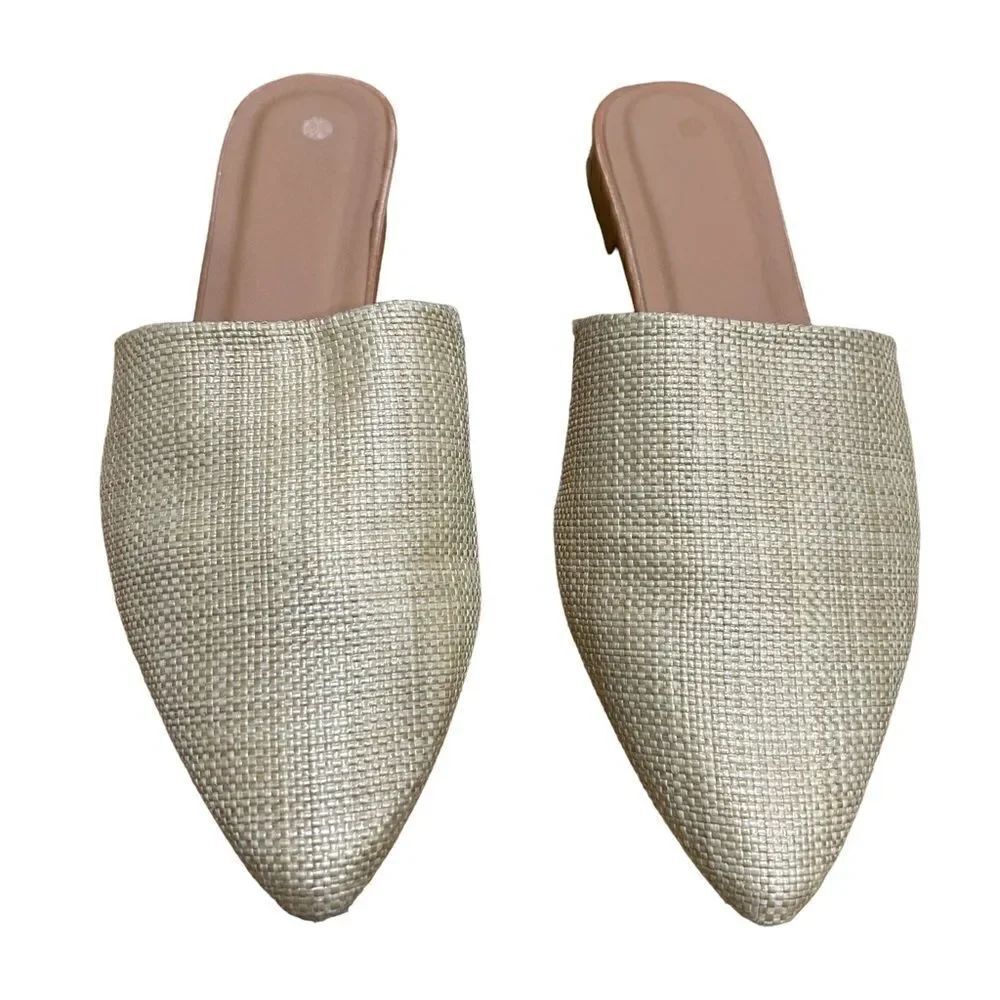 Straw Rattan Pointed Toe Mule Slides Flats - Picture 4 of 9